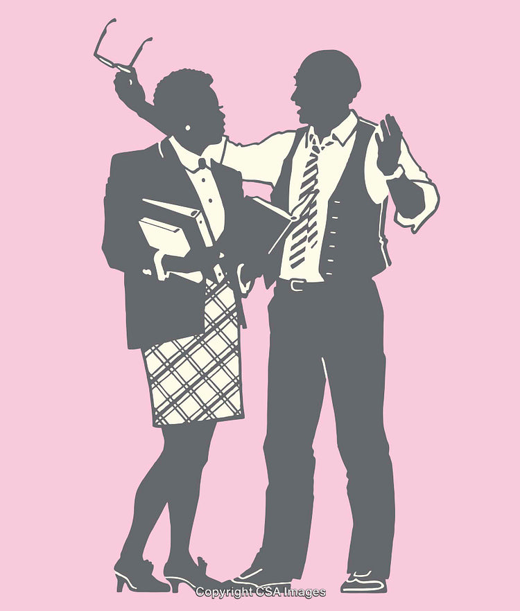Silhouette Illustration of Two Professionals Engaging in Animated Conversation