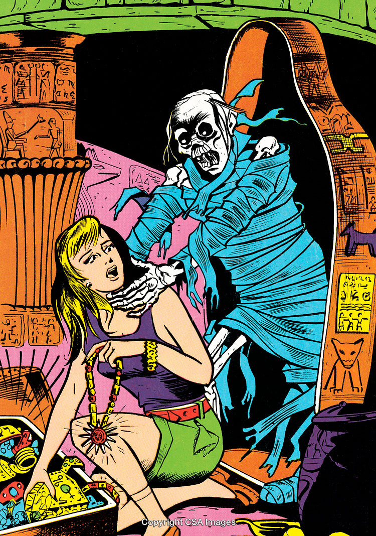 Illustration of a Comic Scene Featuring a Scary Mummy in an Ancient Tomb