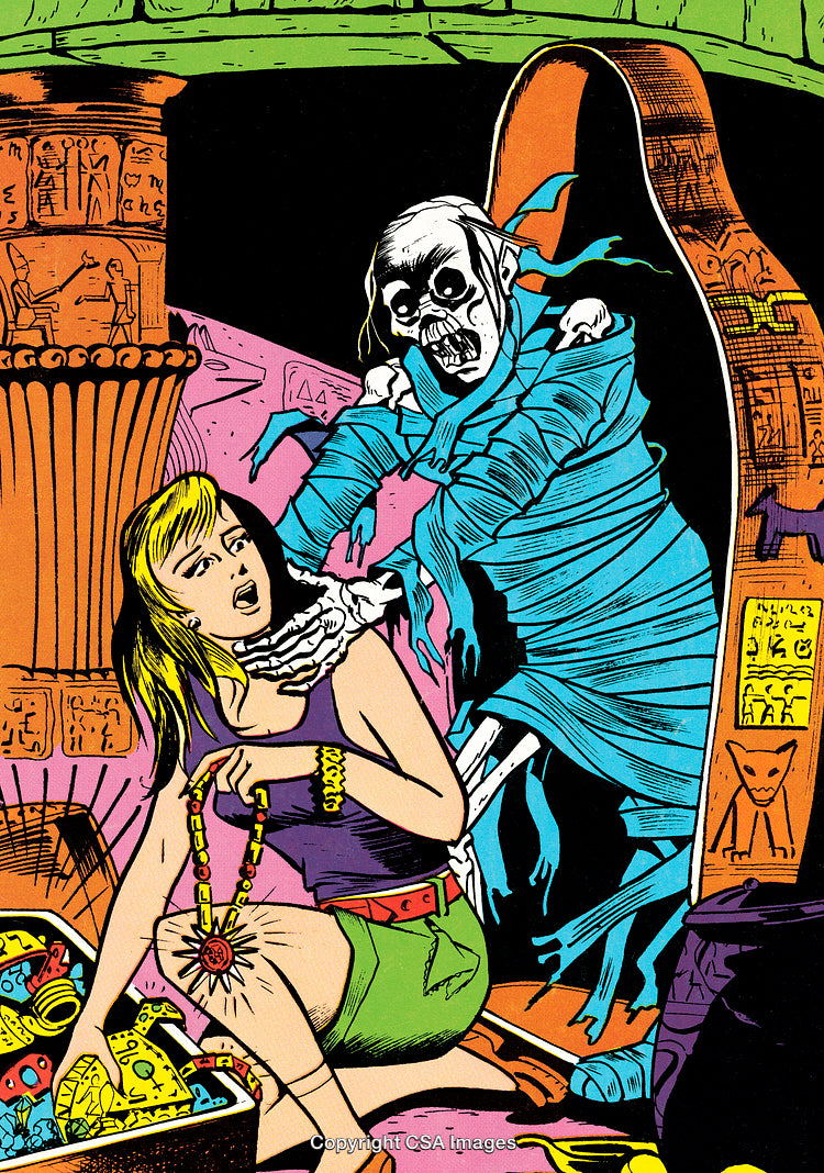Illustration of a Comic Scene Featuring a Scary Mummy in an Ancient Tomb