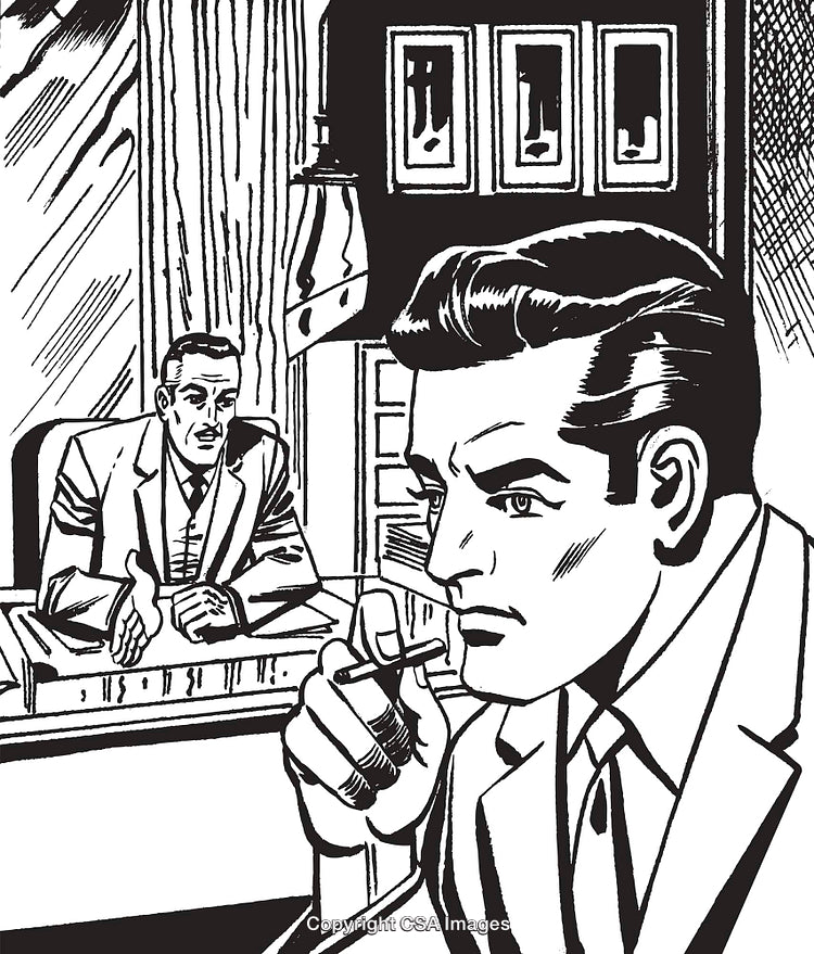 Vintage Black-and-White Illustration of Two Men in a Serious Business Discussion
