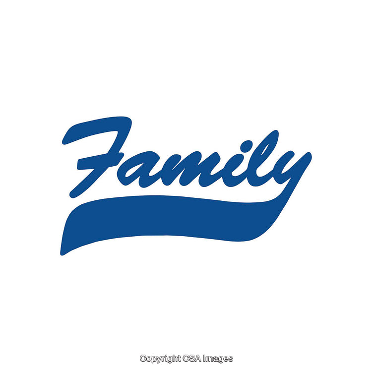 Stylized Blue Calligraphy of the Word Family on White Background