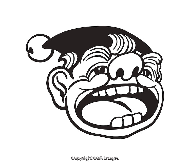 Black and White Illustration of a Laughing Character in a Festive Hat