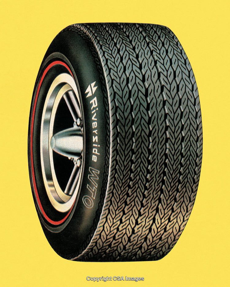 Vintage Tire for Classic Cars with Unique Tread Design on Yellow Background