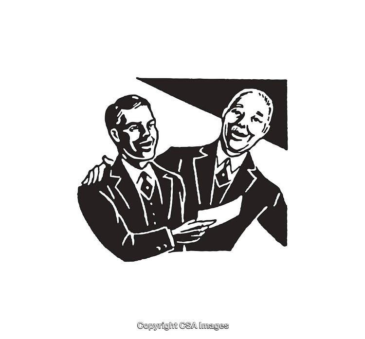 Black and White Line Art of Two Smiling Men Interacting