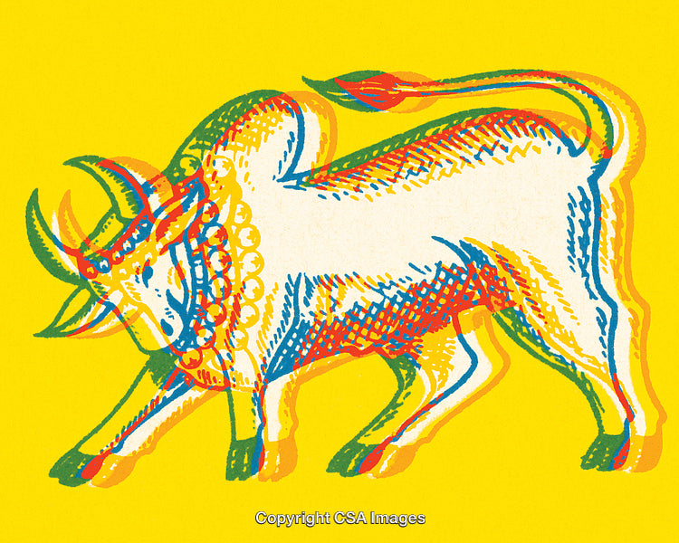 Colorful Multilayer Illustration of a Stylized Bull on Yellow Background