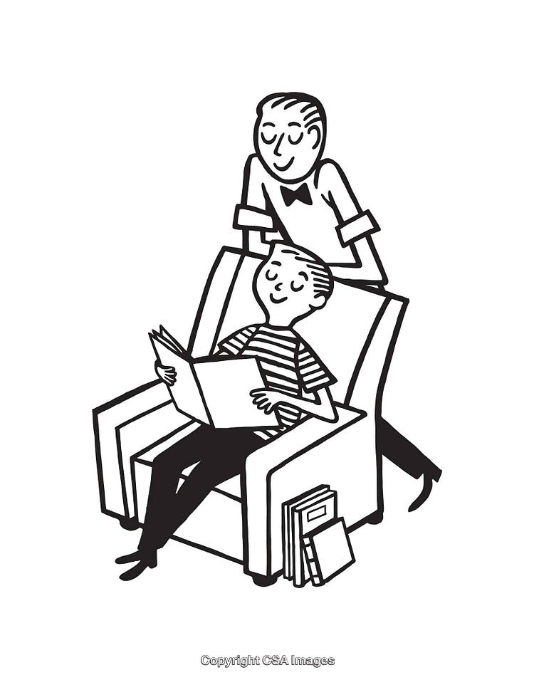 Father and Son Sharing a Moment Reading in Retro Line Art Style