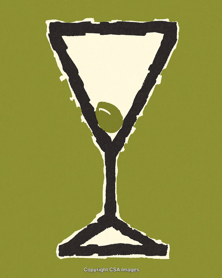 Stylized Martini Glass with Olive on Green Background
