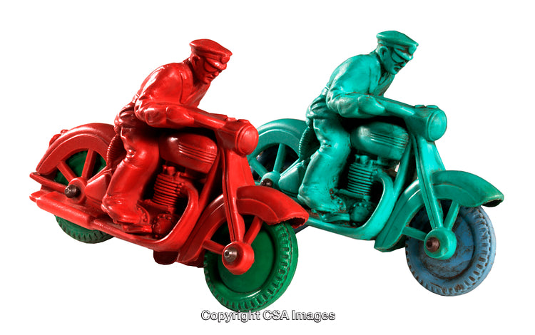 Vintage Red and Green Plastic Motorcycle Rider Toys Side by Side