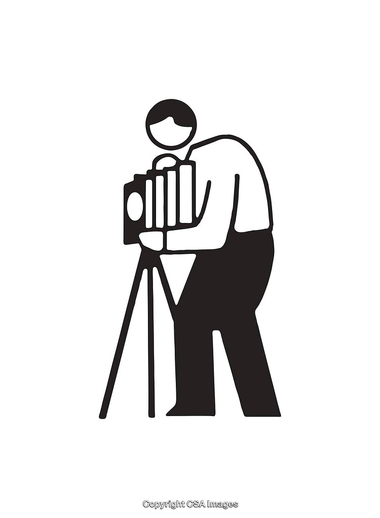 Black and White Icon of a Photographer Using a Vintage Camera on Tripod