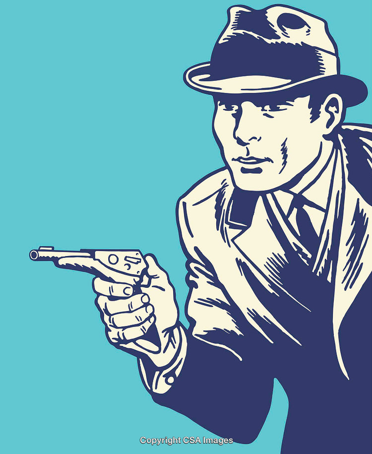 Vintage Style Detective Illustration With Gun and Fedora Hat