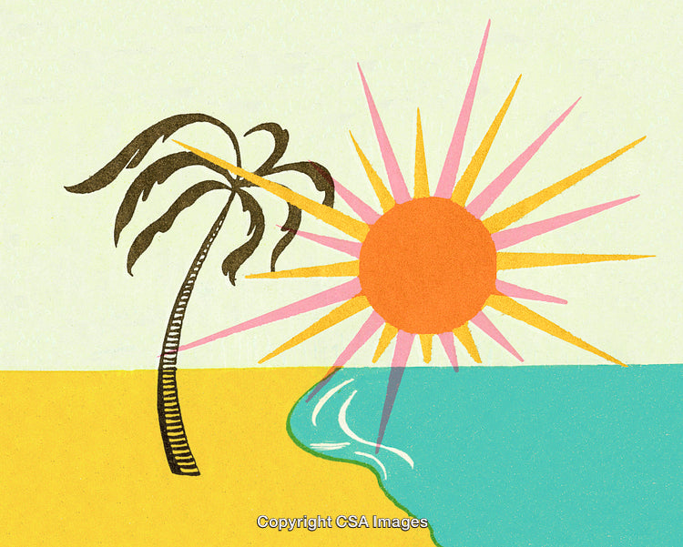 Retro Styled Beach Scene with Palm Tree and Vibrant Sunburst Design