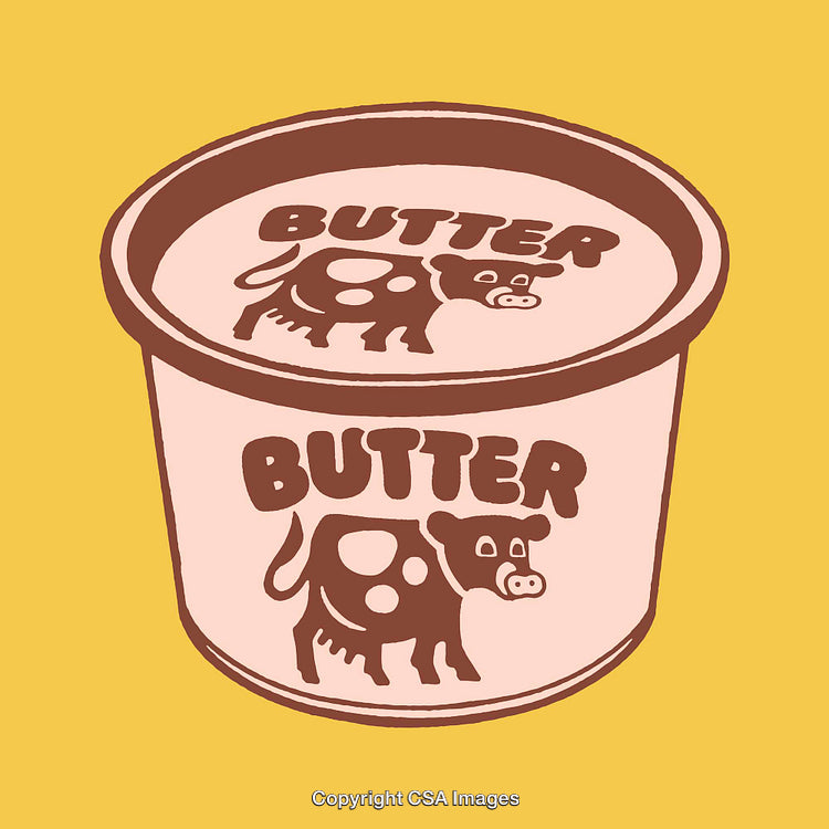 Retro Styled Butter Container with Cow Illustration on Yellow Background