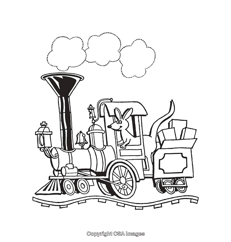 Kangaroo Riding a Steam Engine Train in Black and White Line Art