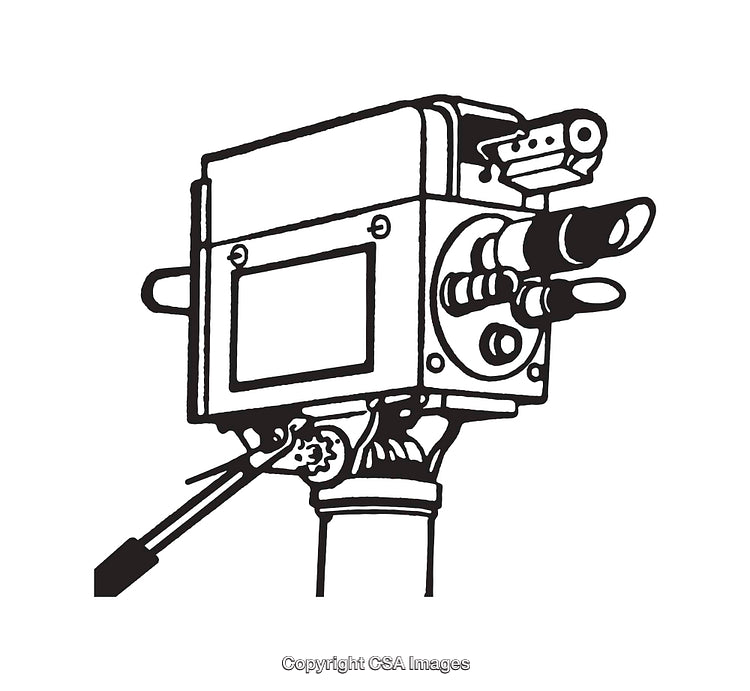 Black and White Illustration of a Vintage Movie Camera on a Tripod