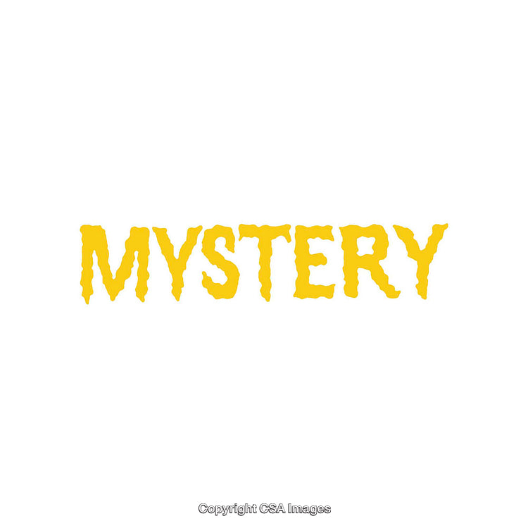 Bold Yellow Mystery Text with Dripping Effect on White Background