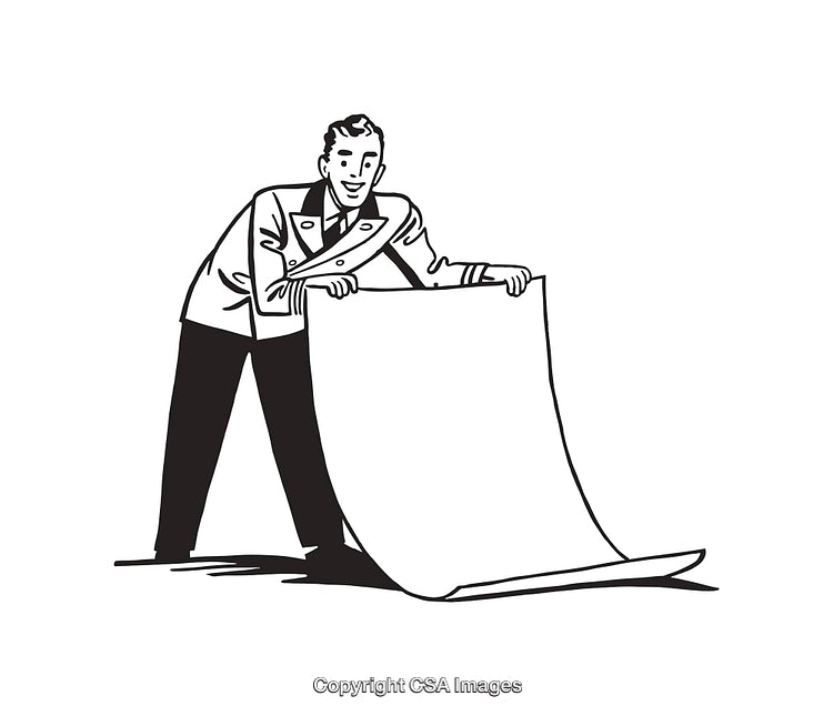 Vintage Line Art Illustration of Man Presenting a Blank Scroll