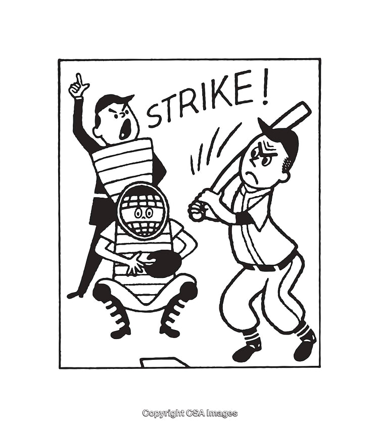Humorous Black And White Baseball Cartoon with Umpire Calling a Strike