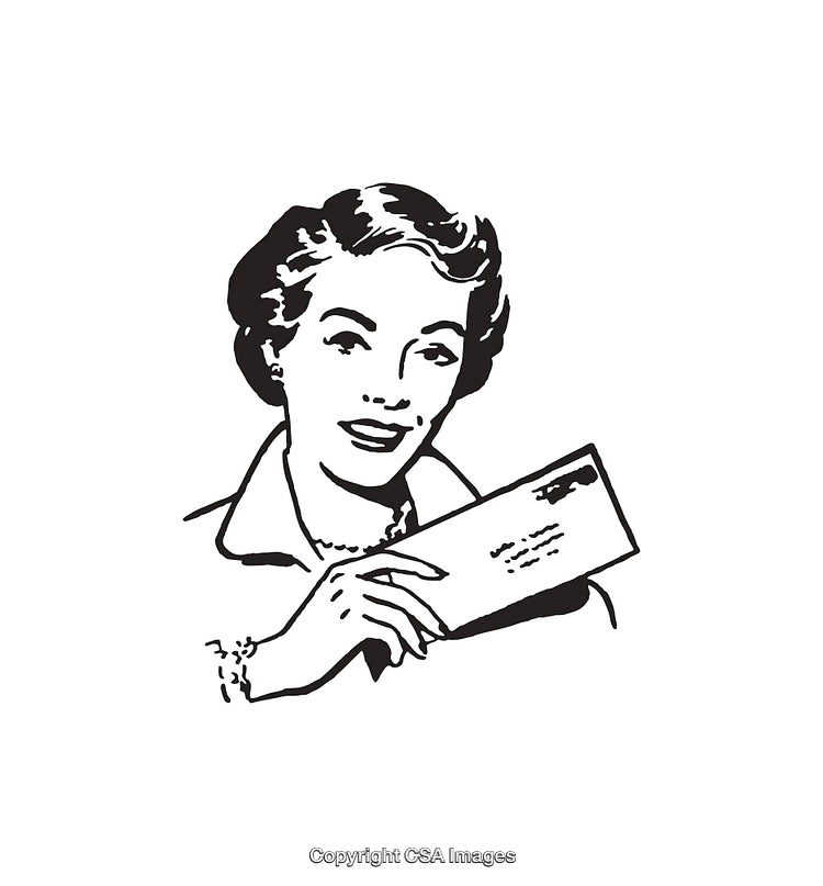 Vintage Style Line Art of Smiling Woman Holding an Envelope