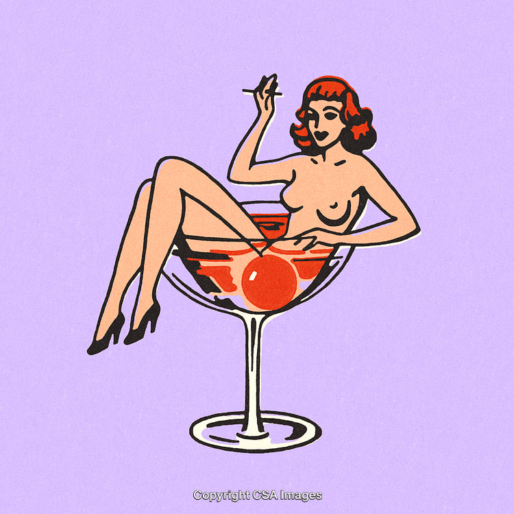 Retro Artwork of Woman Relaxing Inside a Large Cocktail Glass