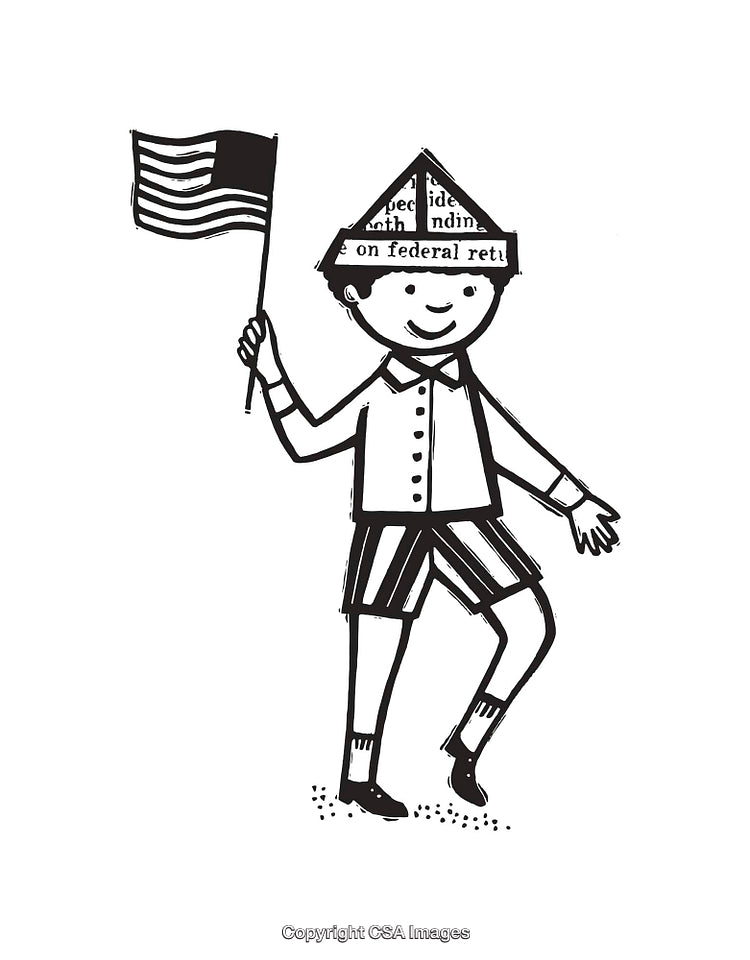 Child Holding an American Flag in Line Art Style