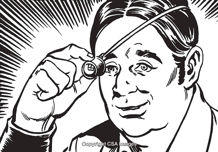 Retro Black and White Illustration of a Smiling Man with Magnifying Glass