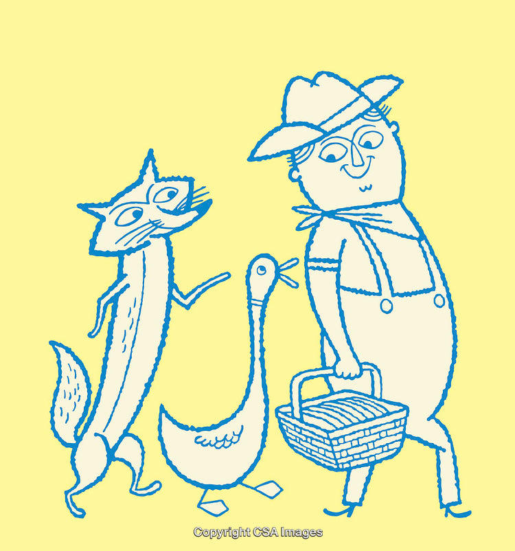 Whimsical Line Art Depicting Farmer with Cat and Goose