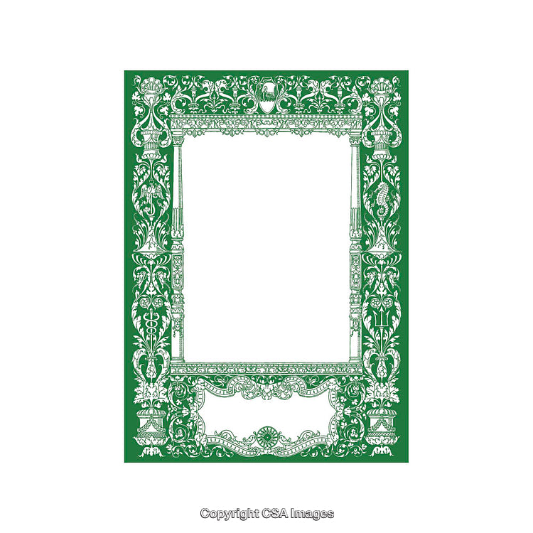 Green Ornate Frame with Decorative Floral Patterns and Blank White Center