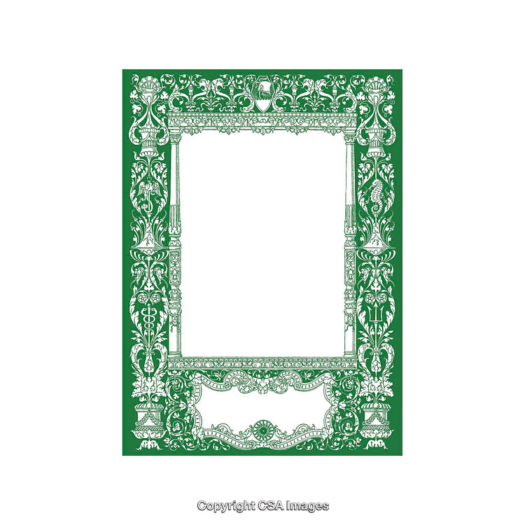 Green Ornate Frame with Decorative Floral Patterns and Blank White Center