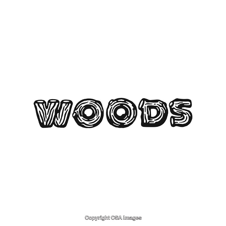 Rustic 'Woods' Log-Inspired Text in Black on a White Background