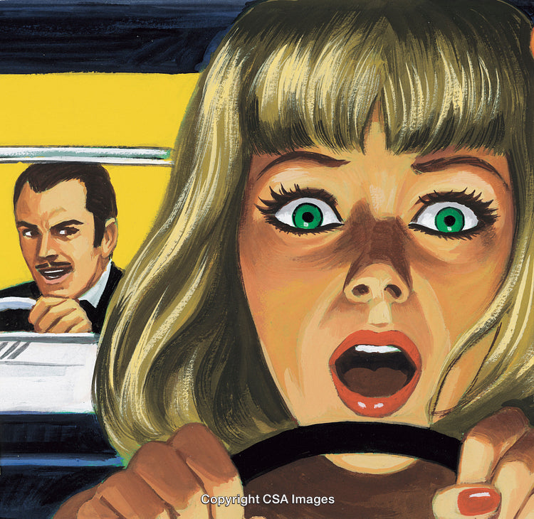 Stylized Illustration of Dramatic Driving Scene with Intense Expression