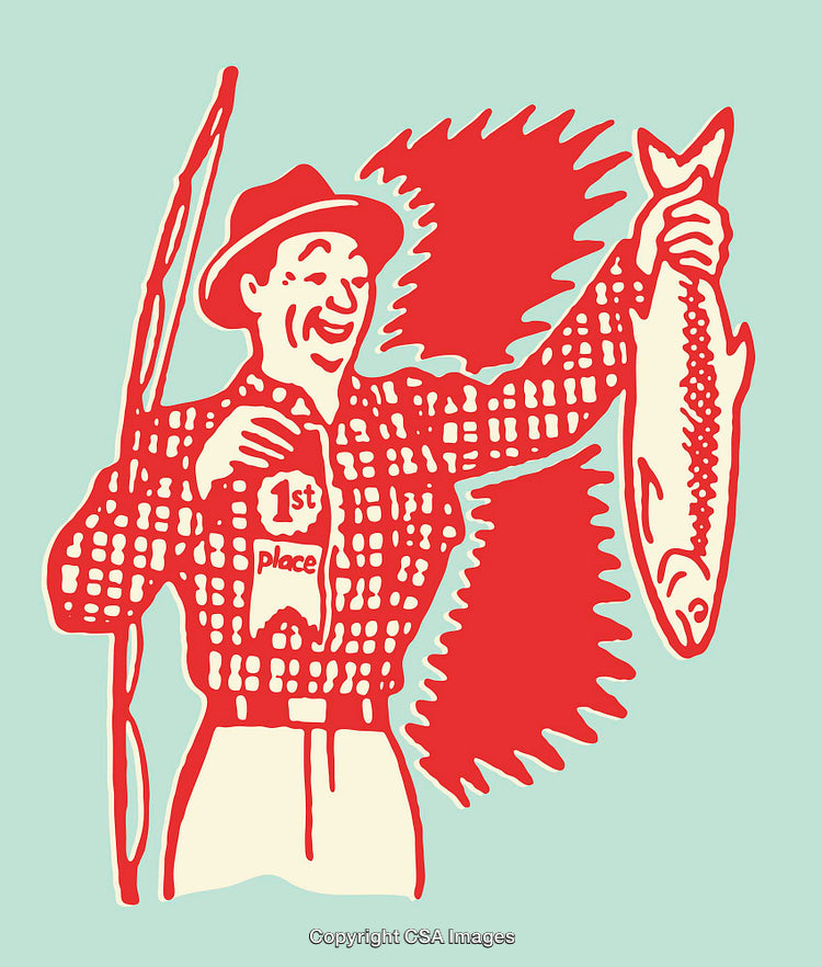 Retro Fisherman Illustration Displaying First Place Catch in Bold Colors