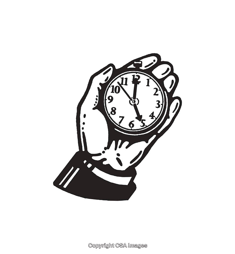 Vintage Styled Black and White Illustration of Hand Holding a Pocket Watch