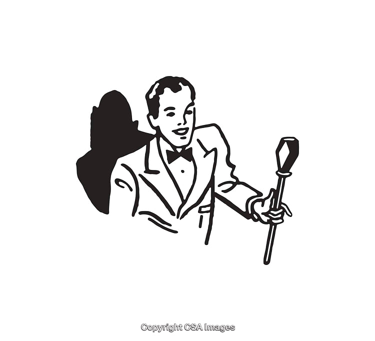 Black and White Line Art of a Performing Man with a Microphone