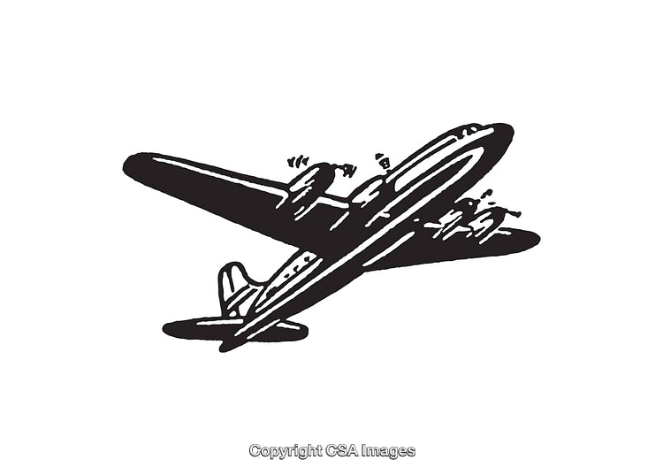Vintage Airplane Line Art Illustration in Black and White, Retro Style