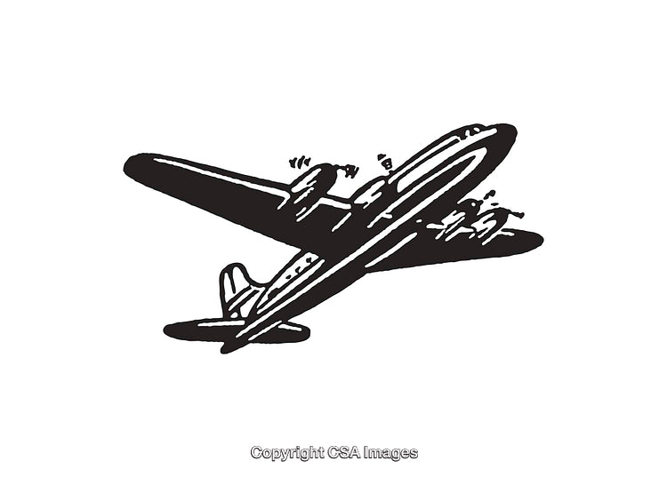 Vintage Airplane Line Art Illustration in Black and White, Retro Style