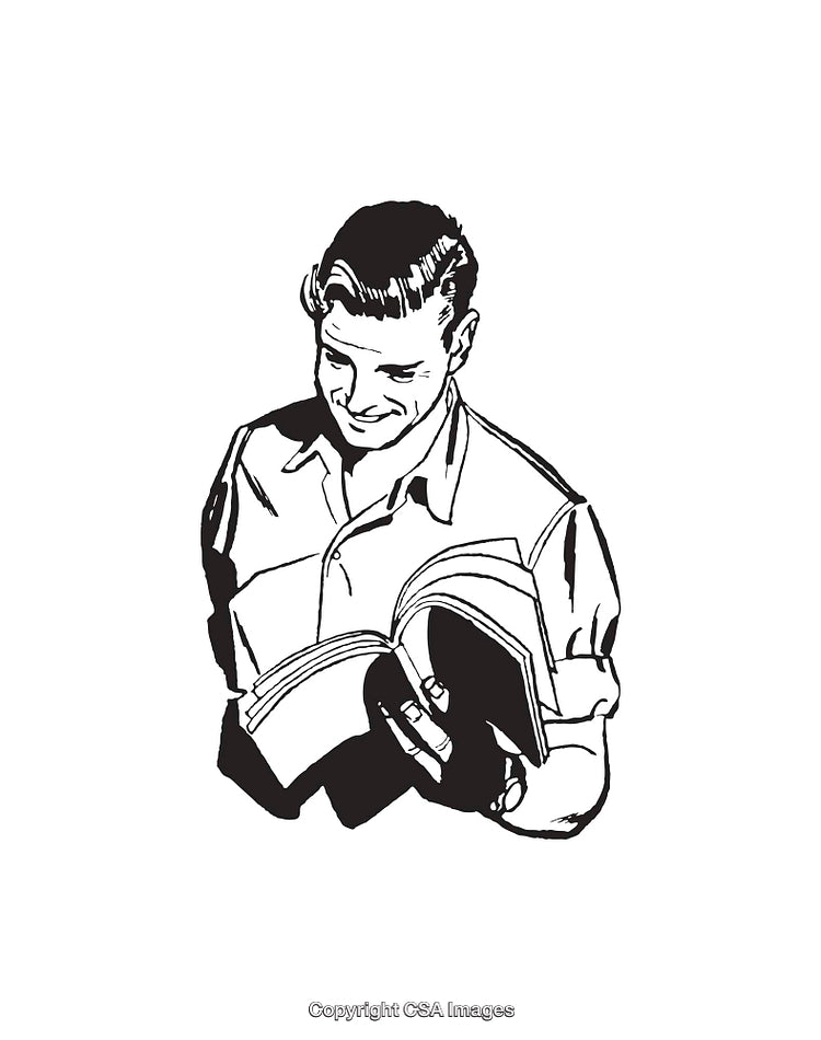 Black and White Line Art of a Smiling Man Reading a Book