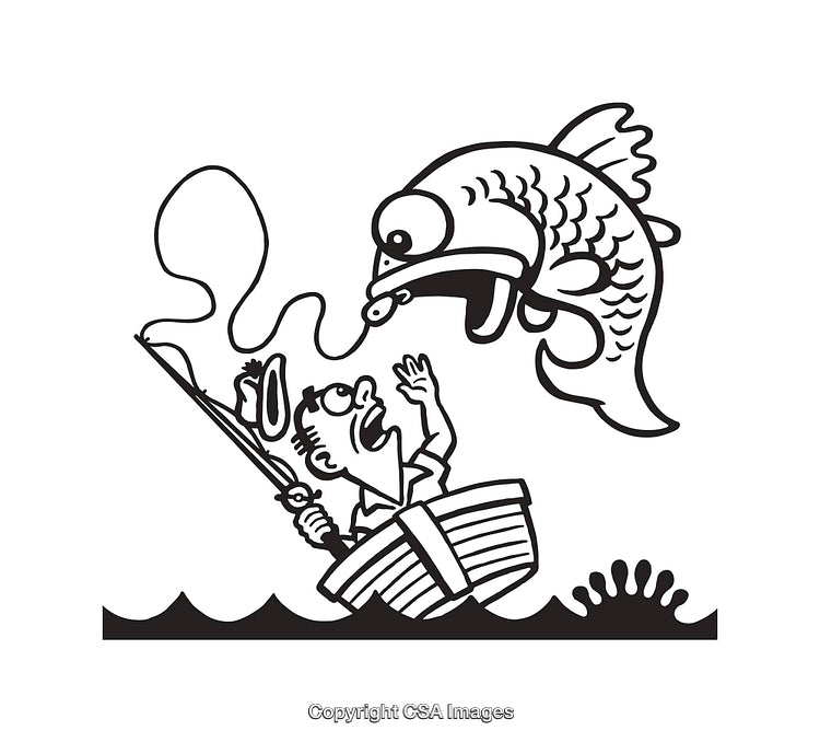 Black And White Cartoon of Cartoon Fisherman Surprised by Large Jumping Fish