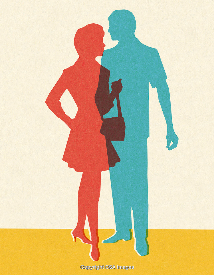 Colorful Silhouette Illustration of a Man and Woman Facing Each Other