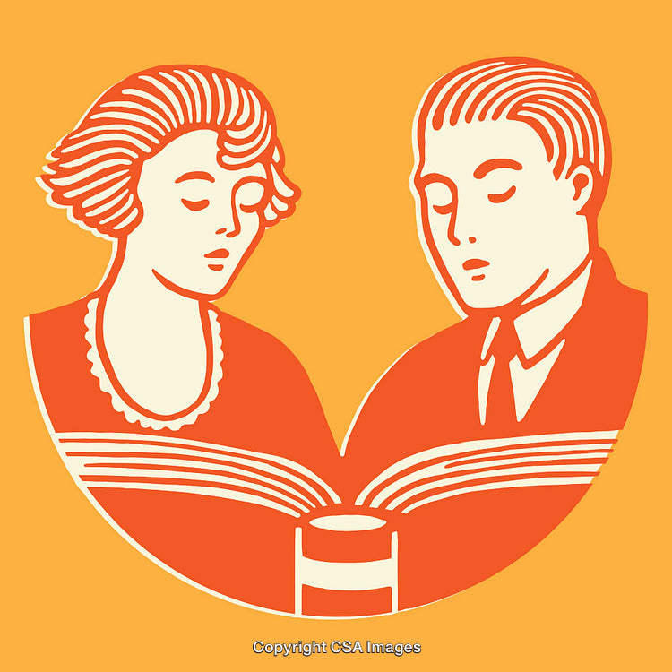Vintage Line Art of a Couple Reading Together with an Open Book