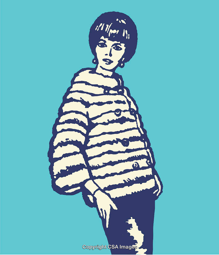 Vintage Line Art of Fashion Model in Striped Coat