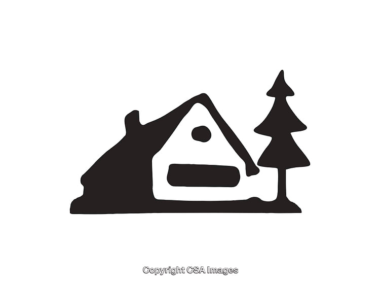 Rustic Cabin and Pine Tree Black and White Illustration Artwork