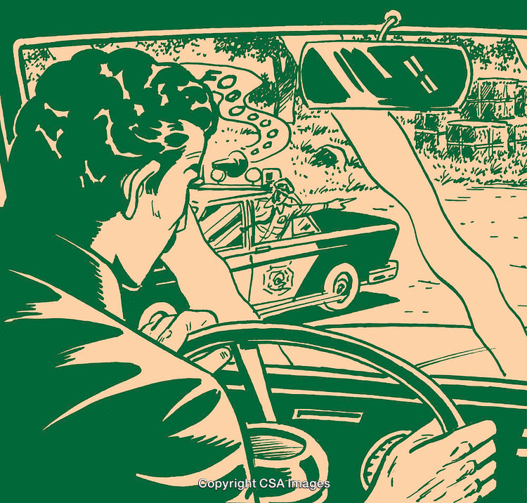 Retro Illustration of Police Chase Viewed From a Car Interior
