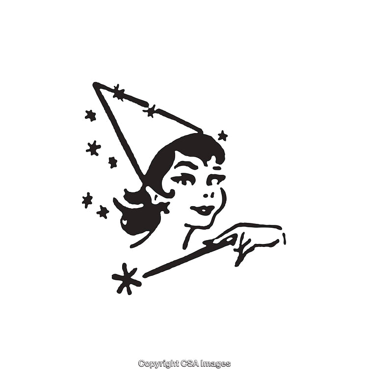 Vintage Black and White Illustration of a Woman in a Wizard Hat