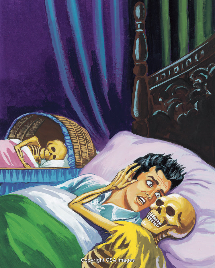 Surreal Depiction of Fearful Encounter with Skeletons in a Bedroom Setting