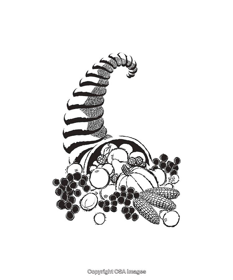 Black and White Line Art Illustration of Harvest Produce in a Horn
