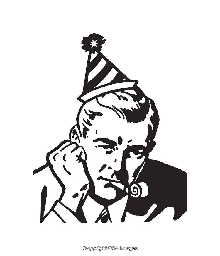 Black and White Line Art of Man with Party Hat and Party Whistle