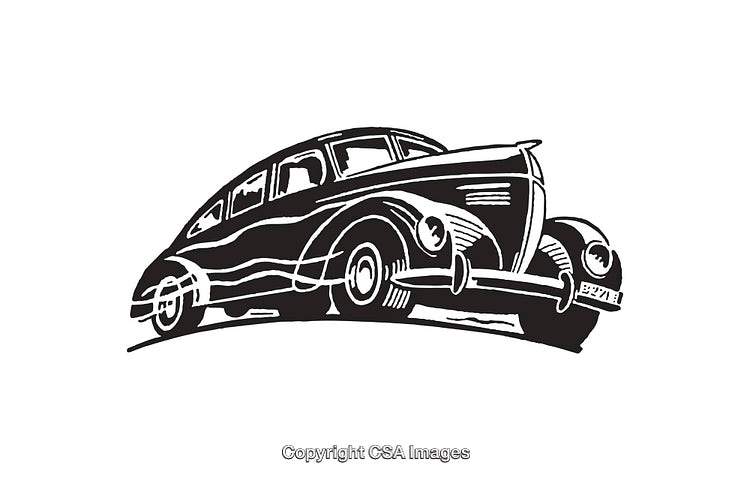 Classic Vintage Car in Black and White Line Art Illustration