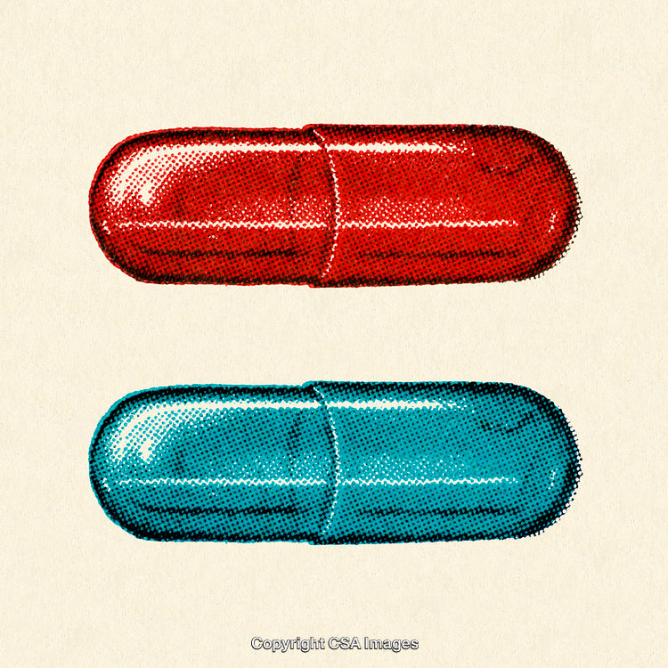 Red and Blue Capsules Rendered in Vintage Graphic Style on Plain Background