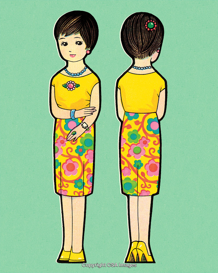 Retro Illustration of a Woman in Colorful Floral Print Dress, Front and Back View