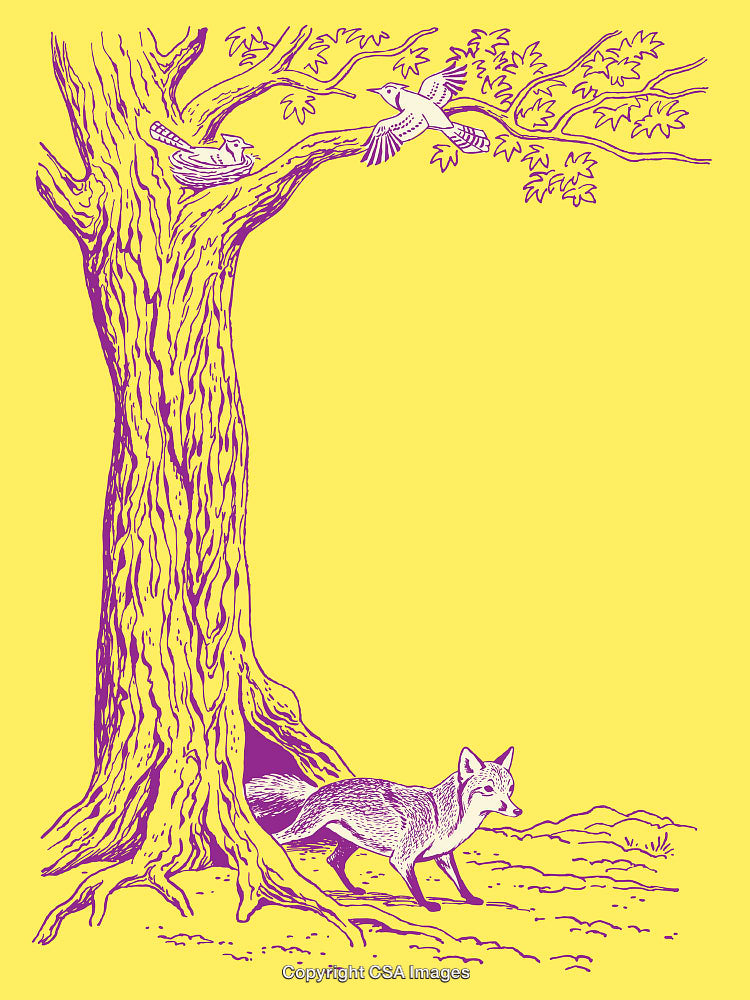Illustrated Fox and Birds in Tree Illustration on Bright Background